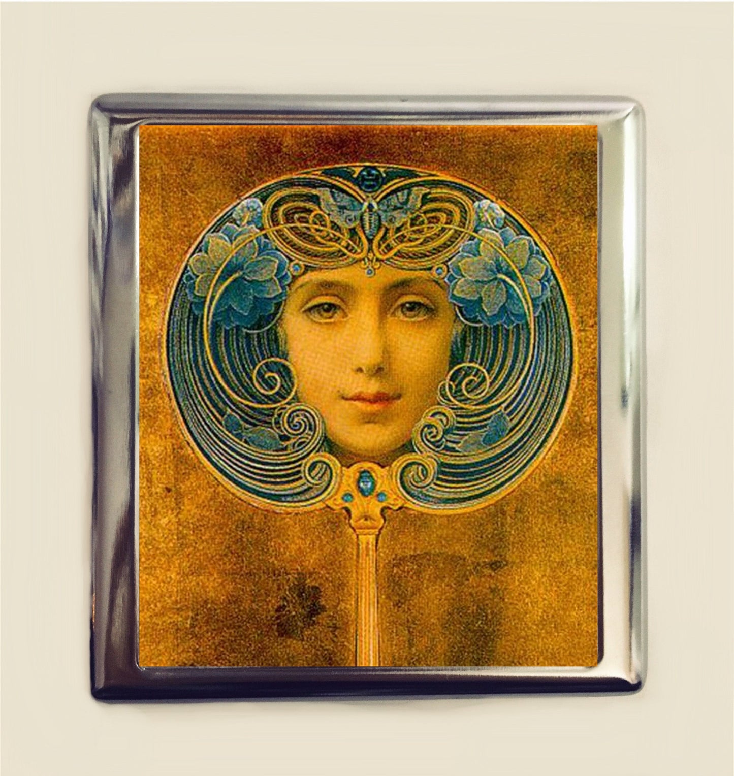 Art Nouveau Face Cigarette Case Business Card ID Holder Wallet Welden Hawkins Edwardian Butterflies Flowers