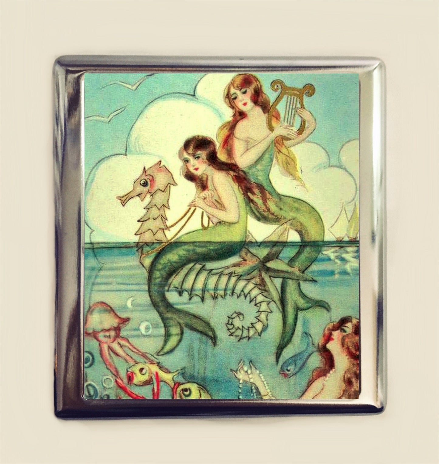 Mermaid Harp Cigarette Case Business Card ID Holder Wallet Seahorse Nautical Retro Illustration Deco