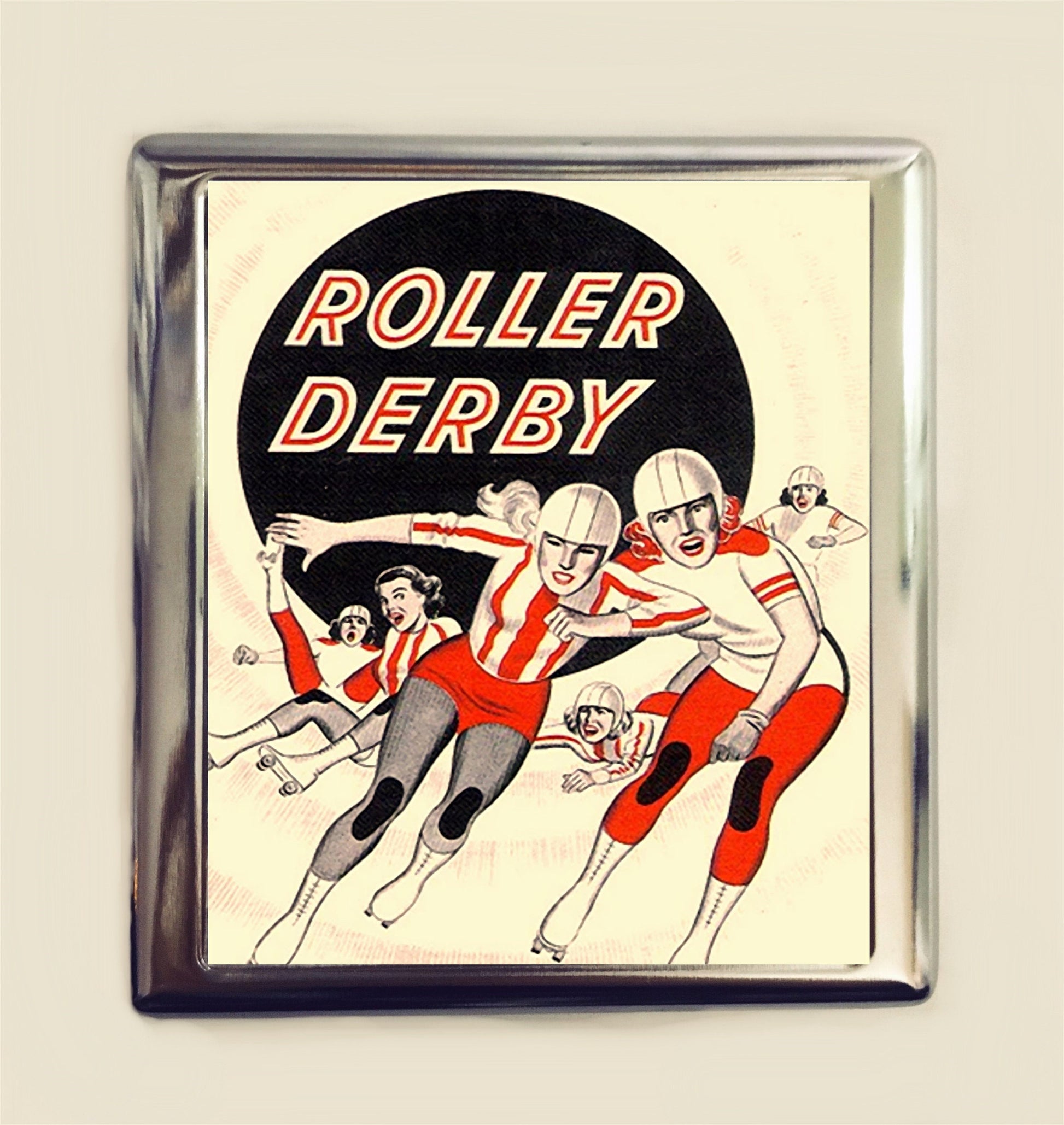 Roller Derby Cigarette Case Business Card ID Holder Wallet Retro 1950s Derby Girl Skating Skates