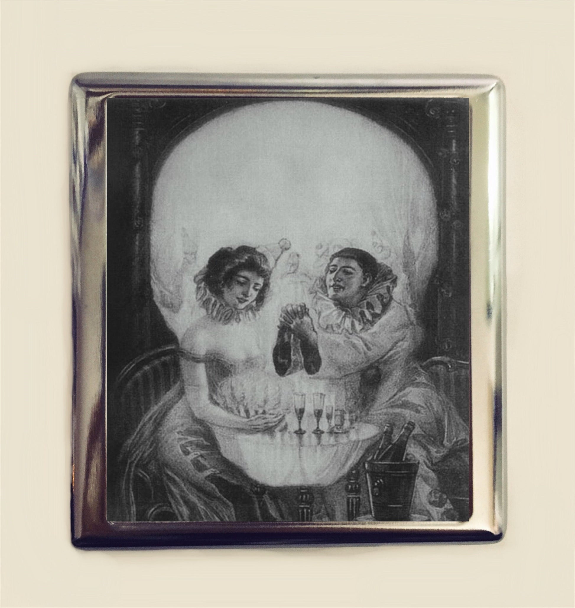 Skull Couple Illusion Cigarette Case Business Card ID Holder Wallet Optical Art Metamorphic Goth Victorian