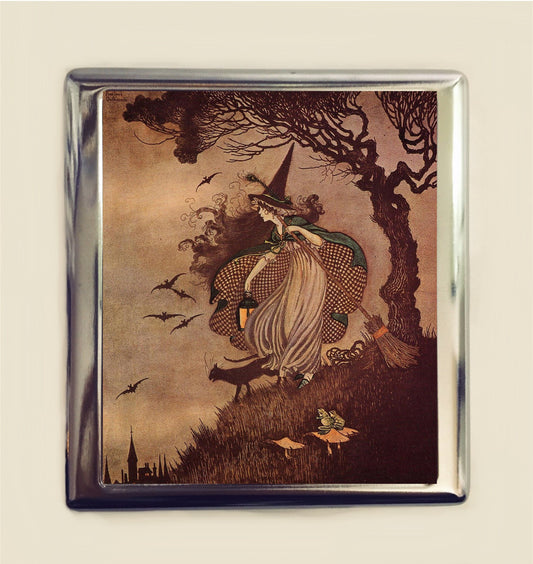 Witch Fairytale Cigarette Case Business Card ID Holder Wallet Storybook Fairy Tale Halloween Black Cat Illustration