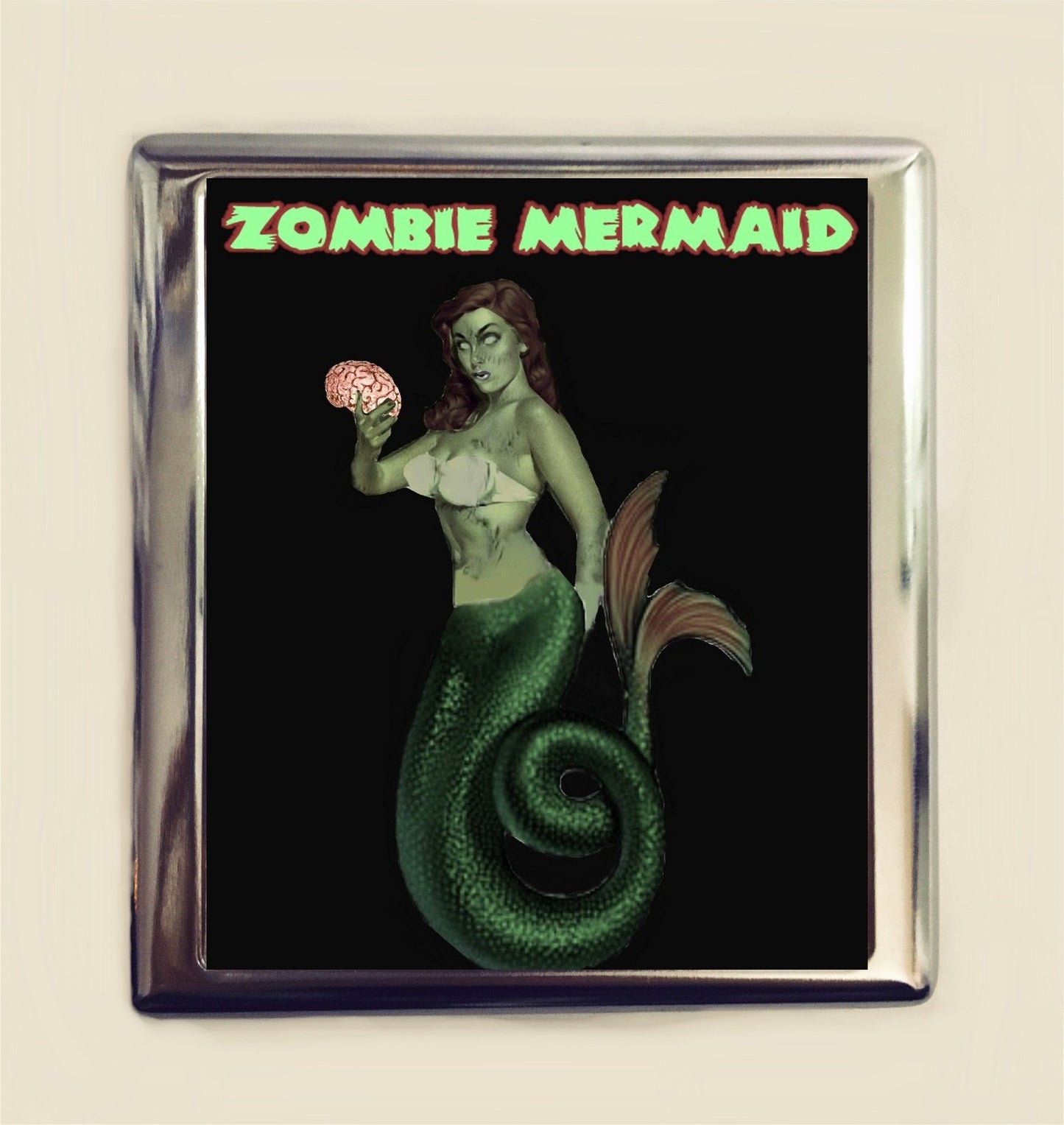 Zombie Mermaid Cigarette Case Business Card ID Holder Wallet Pinup Pin Up Girl Horror Goth Retro