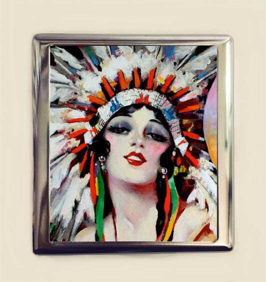 Art Deco Native American Cigarette Case Business Card ID Holder Wallet Flapper Headdress 1920s Jazz Age