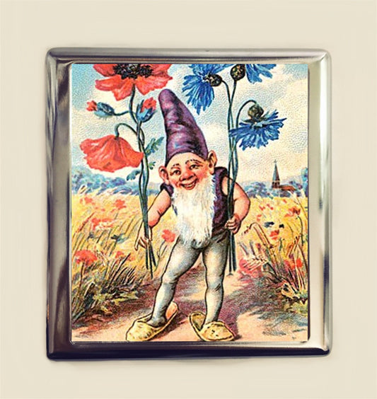 Garden Gnome Cigarette Case Business Card ID Holder Wallet Lawn Ornament Retro Kitsch Whimsical