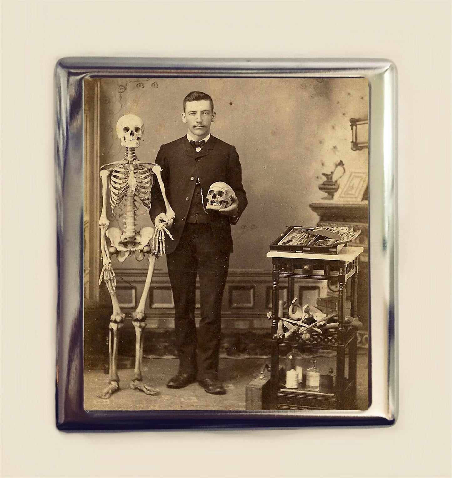 Victorian Skeleton Man Cigarette Case Business Card ID Holder Wallet Goth Skull Dark Art Macabre Antique Photography