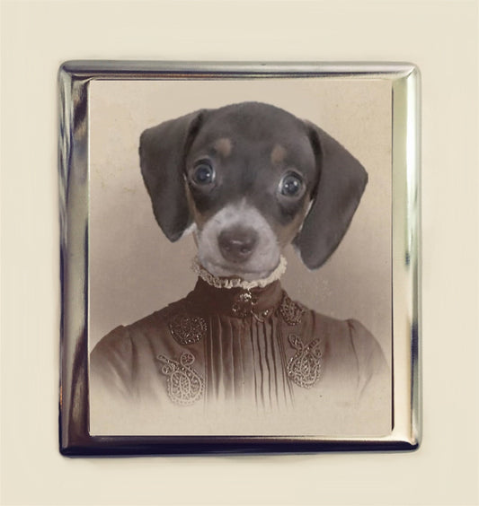 Victorian Dachshund Cigarette Case Business Card ID Holder Wallet Weiner Dog Animal Art Anthropomorphic Pop