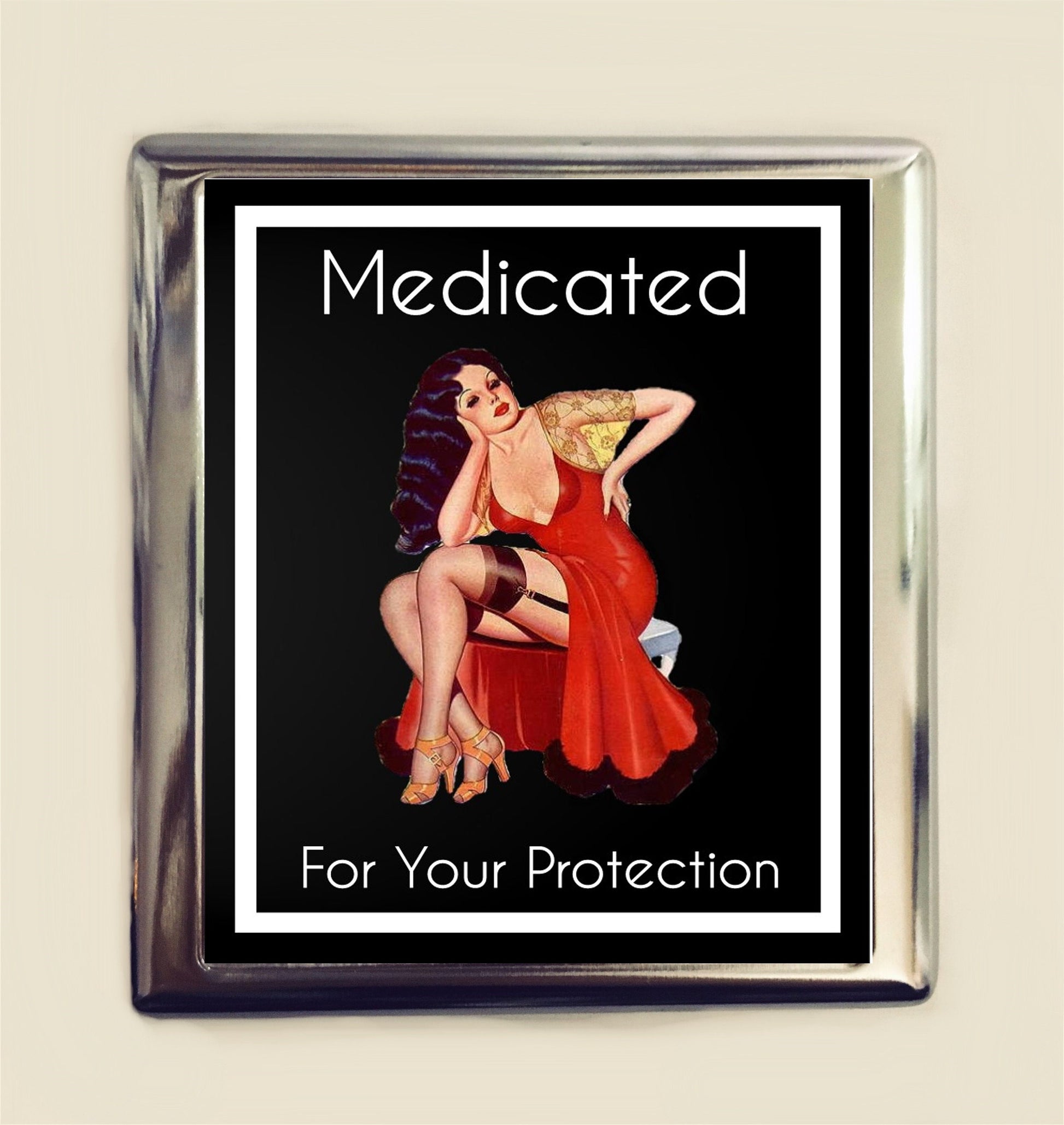 Medicated for Your Protection Cigarette Case Business Card ID Holder Wallet Pinup Girl Pin Up Funny Retro Humor Bad Girl