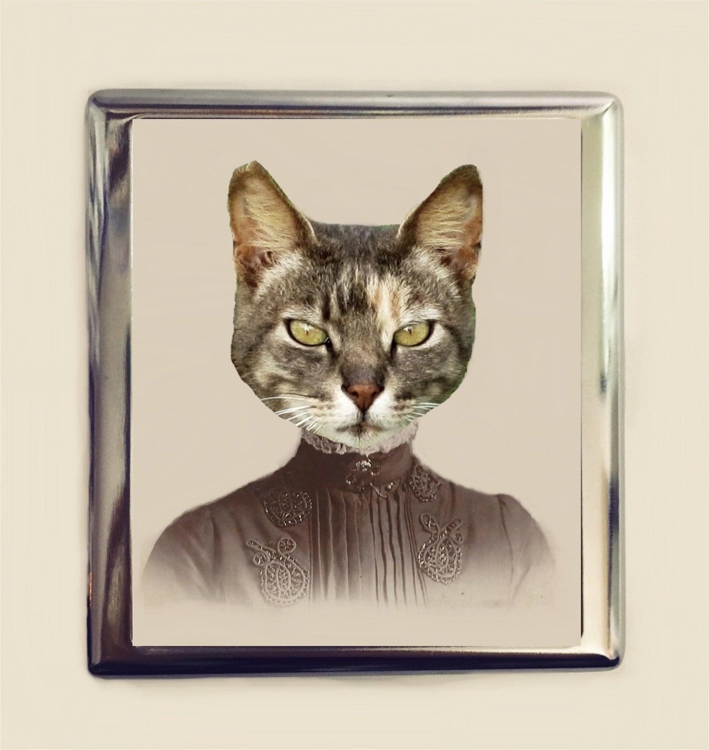 Victorian Cat Cigarette Case Business Card ID Holder Anthropomorphic Animal Pop Art Antique Photo Surrealism