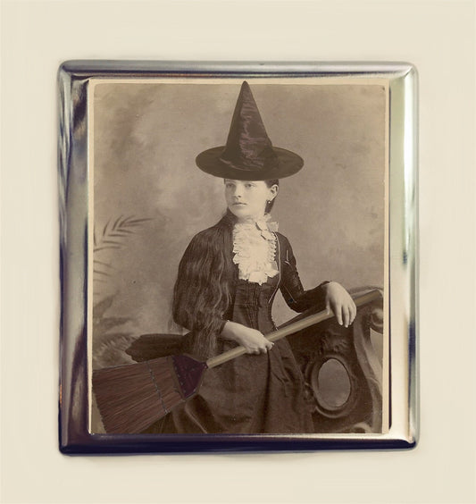 Victorian Witch Cigarette Case Business Card ID Holder Wallet Witchcraft Halloween Antique Photo Altered Art