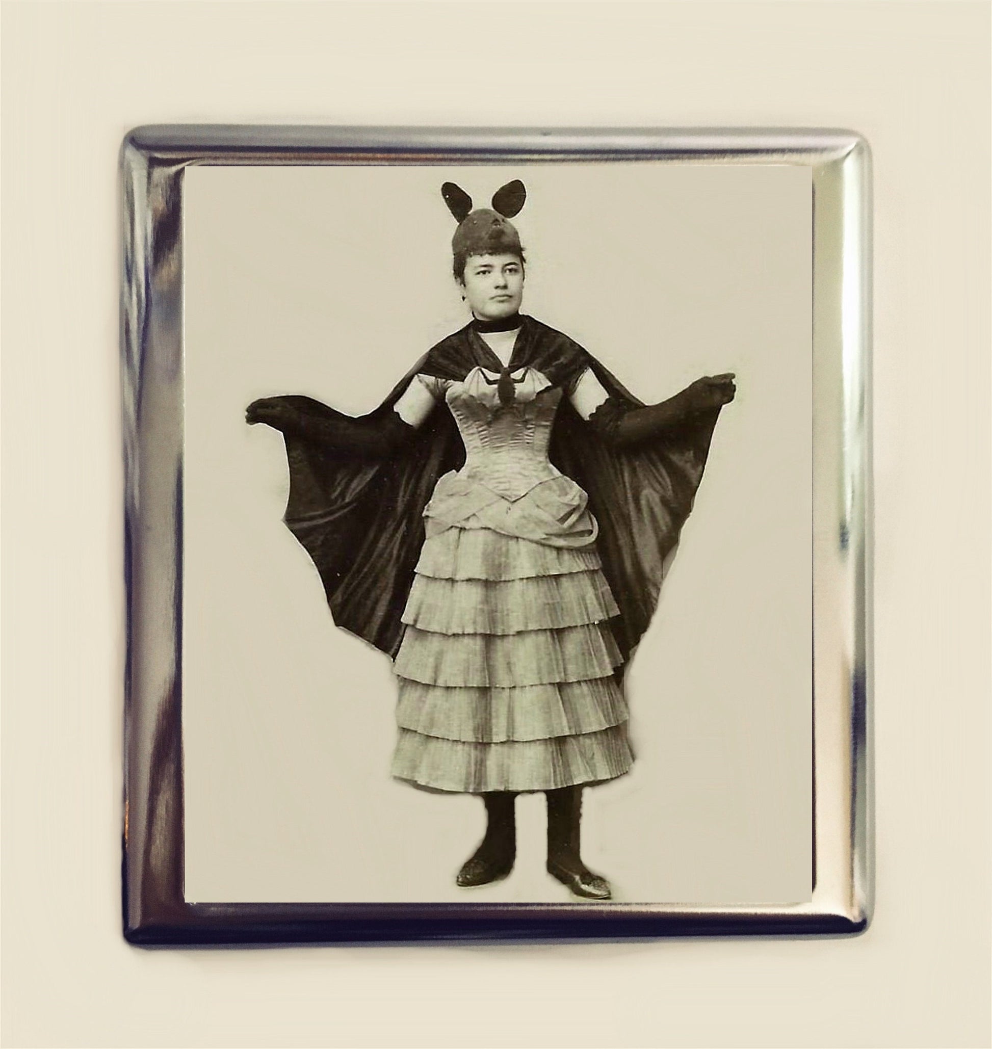 Victorian Bat Lady Cigarette Case Business Card ID Holder Wallet Goth Whimsical Oddity Antique Photography Halloween