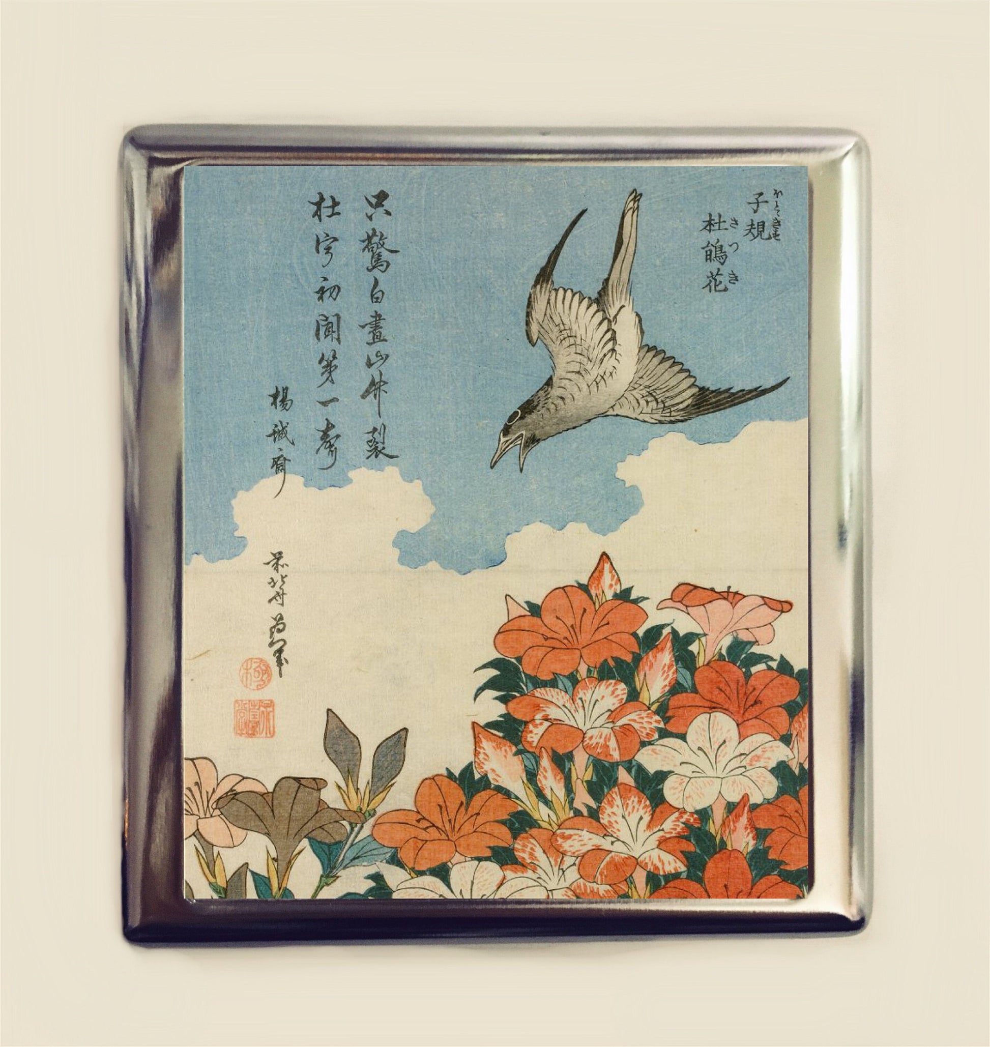 Cuckoo & Azaleas Woodblock Cigarette Case Business Card ID Holder Wallet Japanese Japan Asian Art Bird Flower Azalea