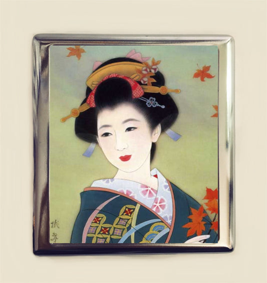 Geisha Leaves Cigarette Case Business Card ID Holder Wallet Japanese Japan Asian Art