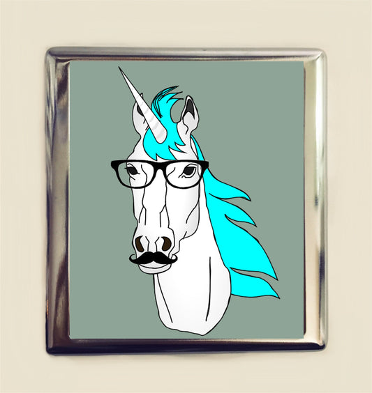 Unicorn Nerd Cigarette Case Business Card ID Holder Wallet Hipster Mustache Anthropomorphic Animal Pop Art Nerds