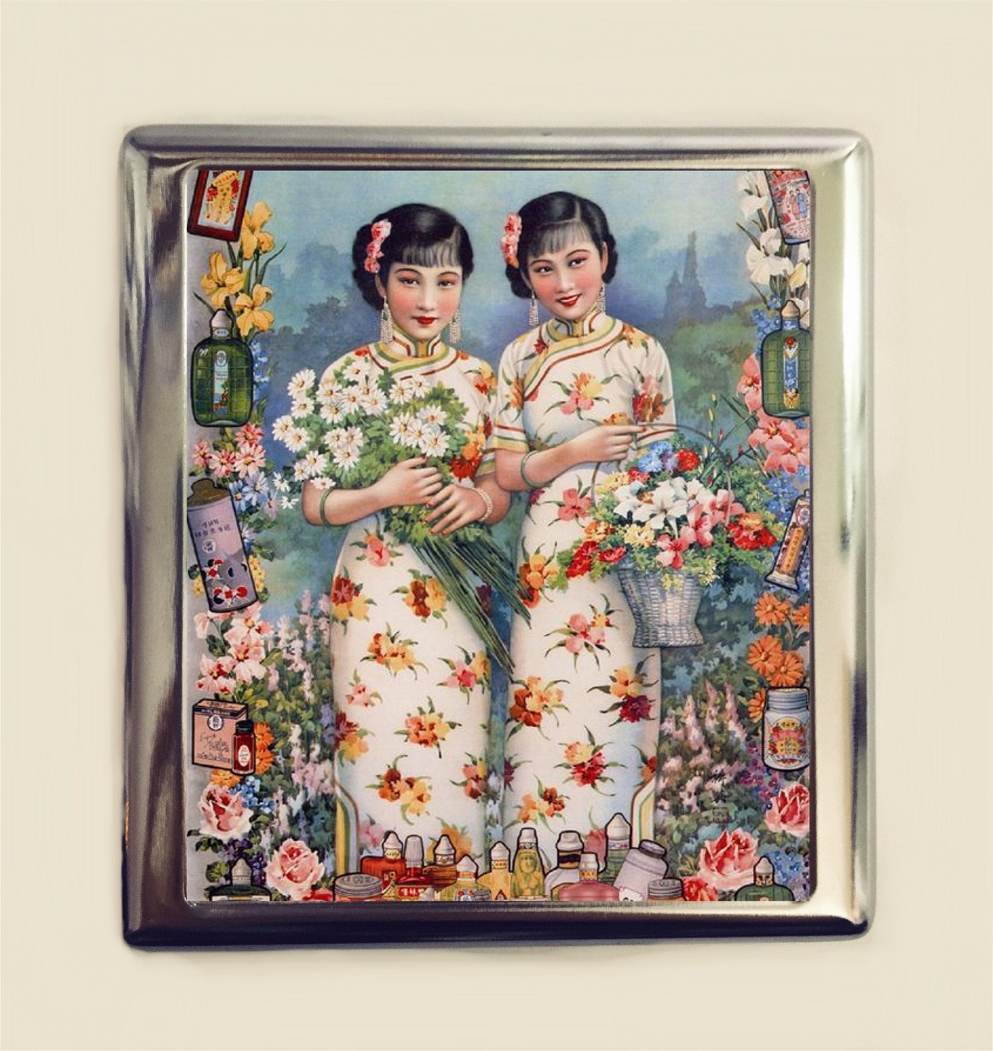 Vintage Chinese Women Ad Cigarette Case Business Card ID Holder Wallet Advertisement Cosmetics Retro