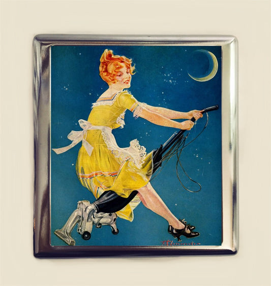 Witch on Vacuum Cigarette Case Business Card ID Holder Wallet Retro Riding Moon Witchcraft Kitsch Housewife