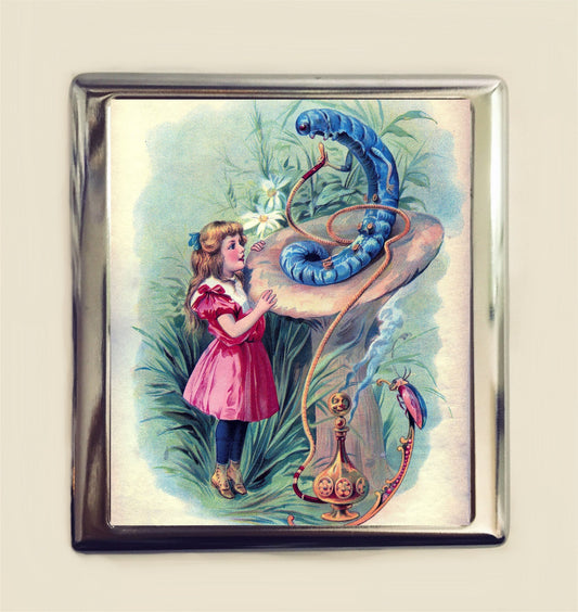 Alice in Wonderland Cigarette Case Business Card ID Holder Wallet Caterpillar Vintage Illustration Lewis Carroll