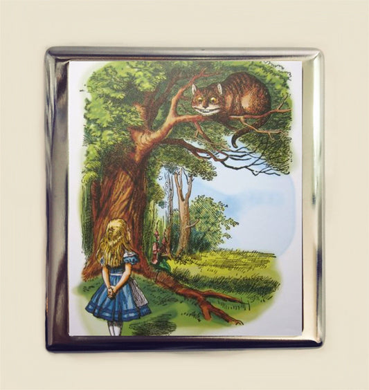 Alice in Wonderland Cigarette Case Business Card ID Holder Wallet Cheshire Cat Vintage Illustration Lewis Carroll