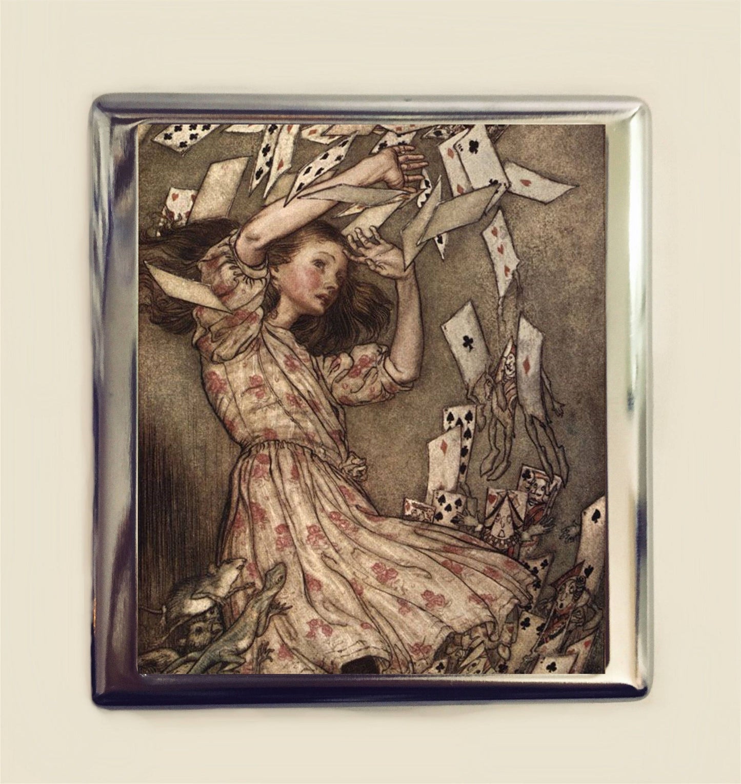 Alice in Wonderland Cigarette Case Business Card ID Holder Wallet Playing Cards Arthur Rackham Vintage Illustration Lewis Carroll