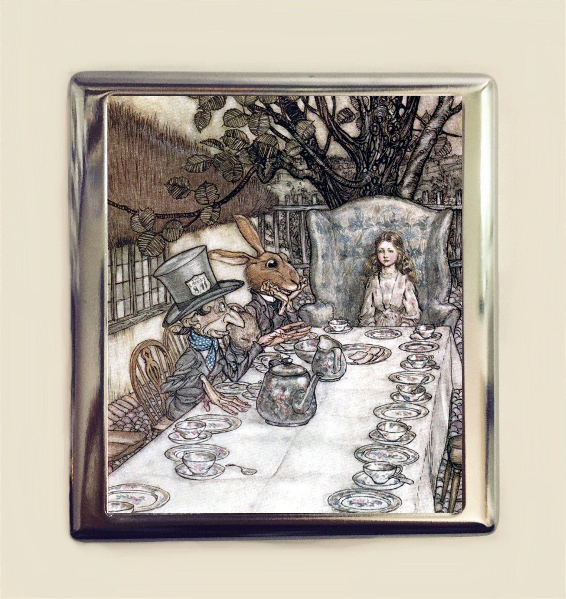 Alice in Wonderland Cigarette Case Business Card ID Holder Wallet Tea Party Arthur Rackham Vintage Illustration Lewis Carroll