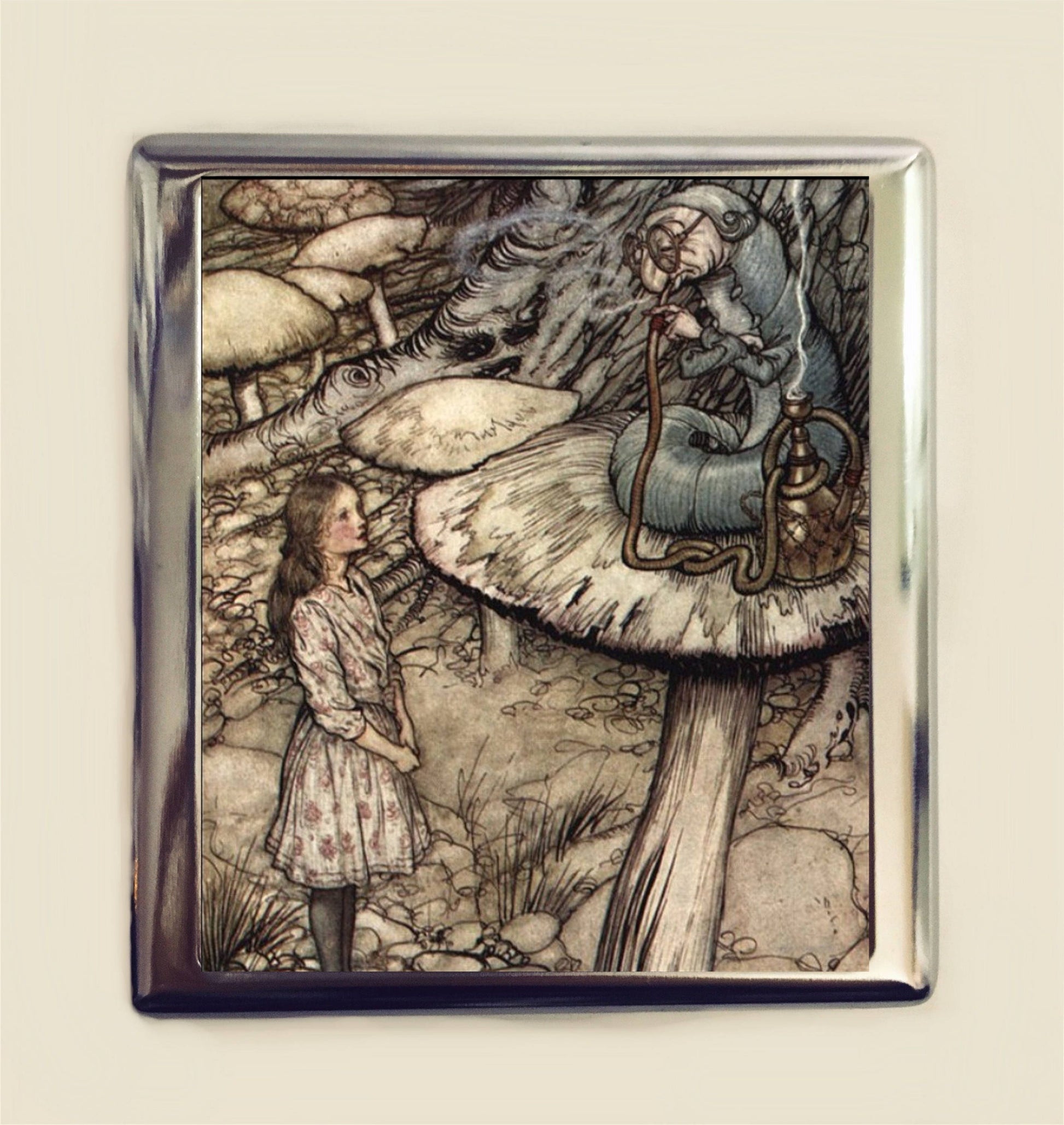 Alice in Wonderland Cigarette Case Business Card ID Holder Wallet Caterpillar Arthur Rackham Vintage Illustration Lewis Carroll