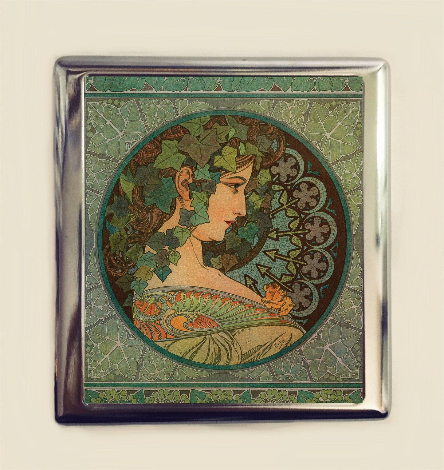 Alphonse Mucha Cameo Cigarette Case Business Card ID Holder Ivy Art Nouveau Art Deco Art Flapper Edwardian Boho Bohemian