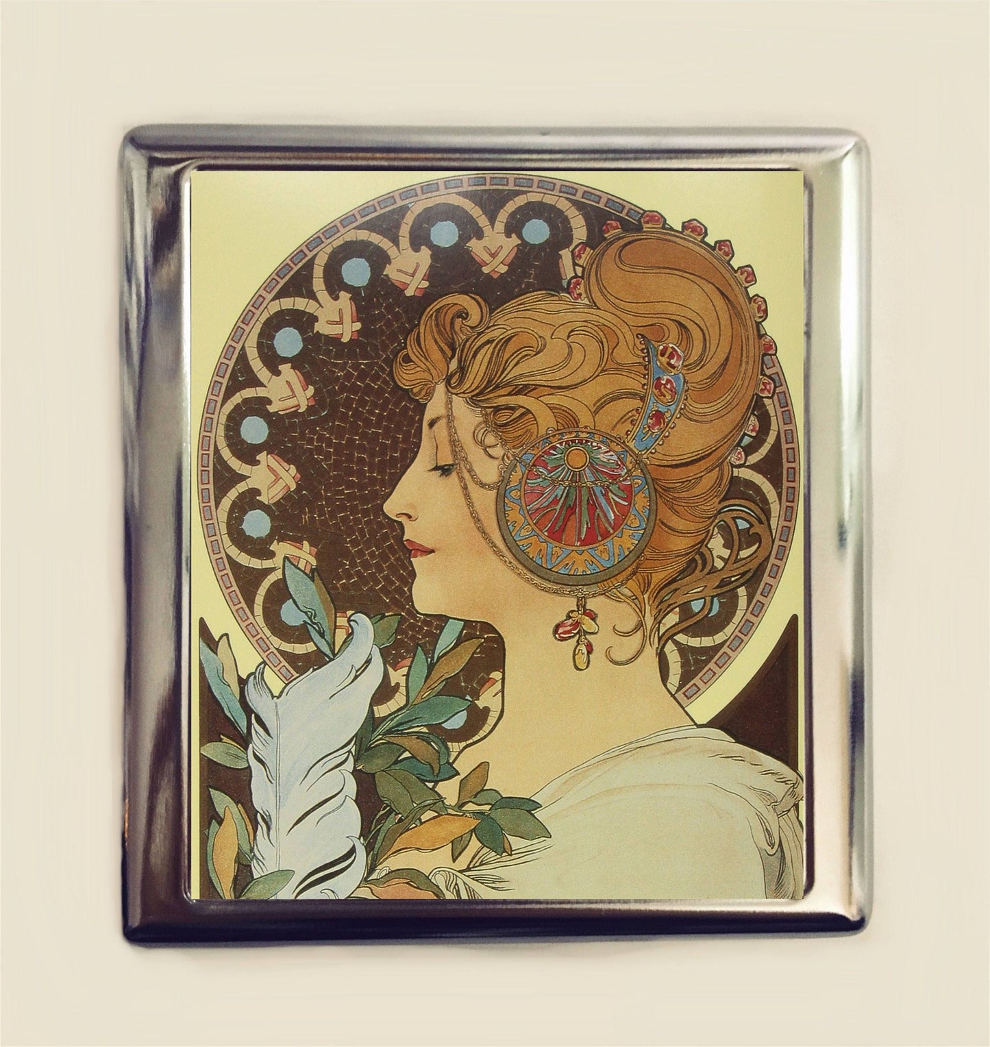 Alphonse Mucha Feather Cigarette Case Business Card ID Holder Art Nouveau Art Deco Art Flapper Edwardian Boho Bohemian