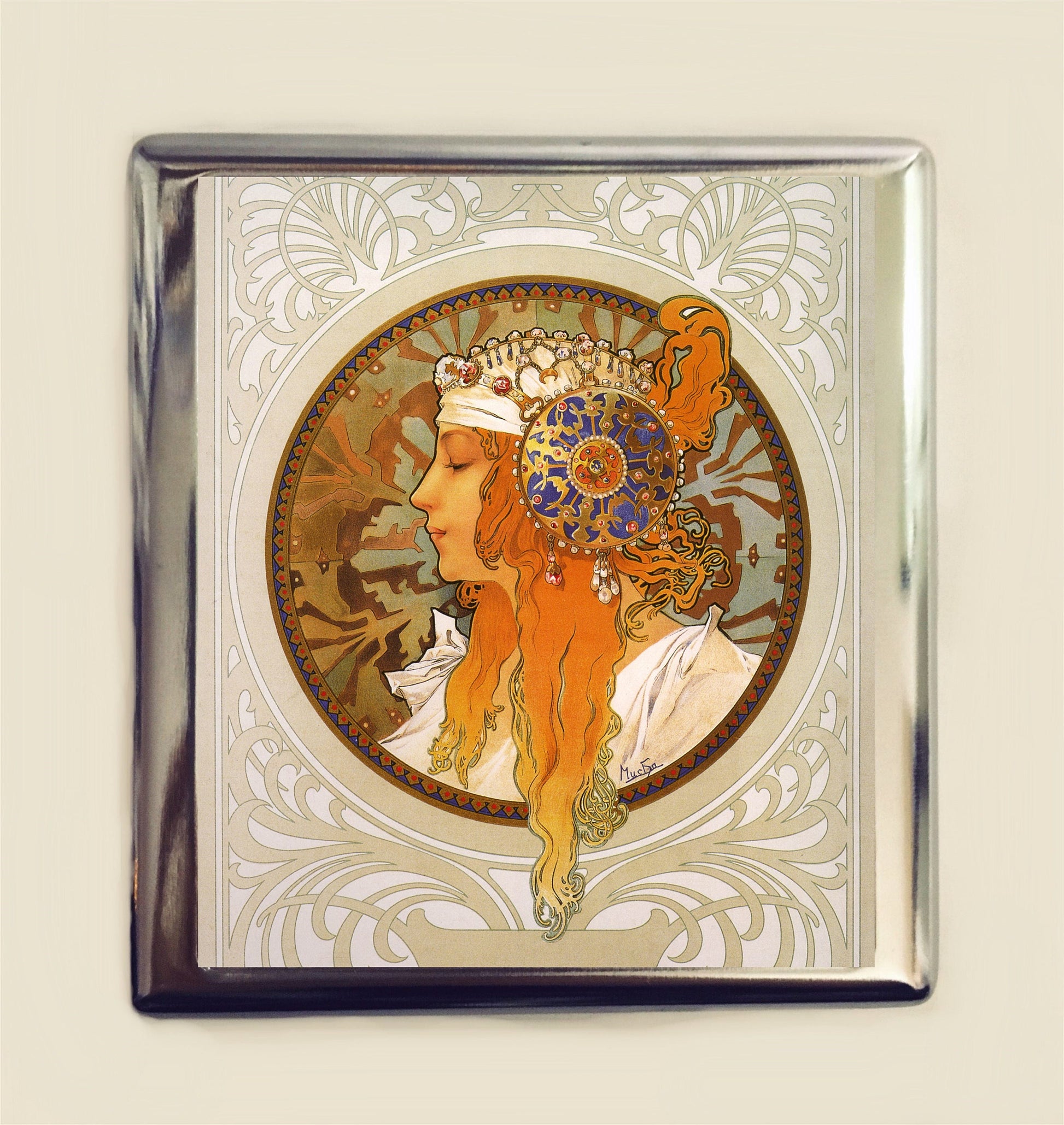 Alphonse Mucha Headdress Cigarette Case Business Card ID Holder Art Nouveau Art Deco Art Flapper Edwardian Boho Bohemian