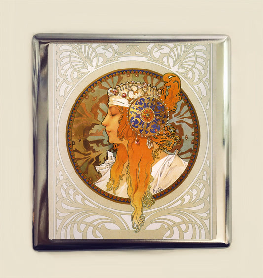 Alphonse Mucha Headdress Cigarette Case Business Card ID Holder Art Nouveau Art Deco Art Flapper Edwardian Boho Bohemian