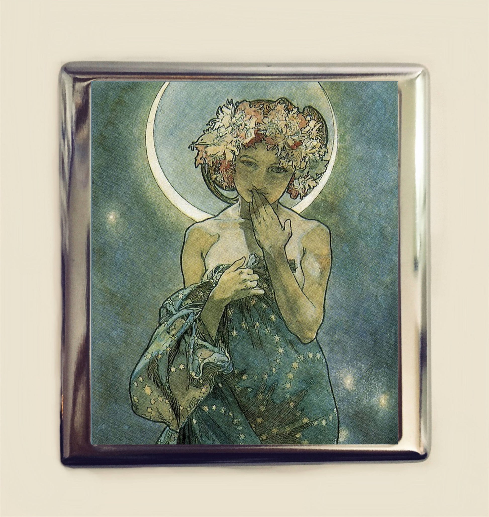 Alphonse Mucha Moon Cigarette Case Business Card ID Holder Art Nouveau Art Deco Art Flapper Edwardian Boho Bohemian