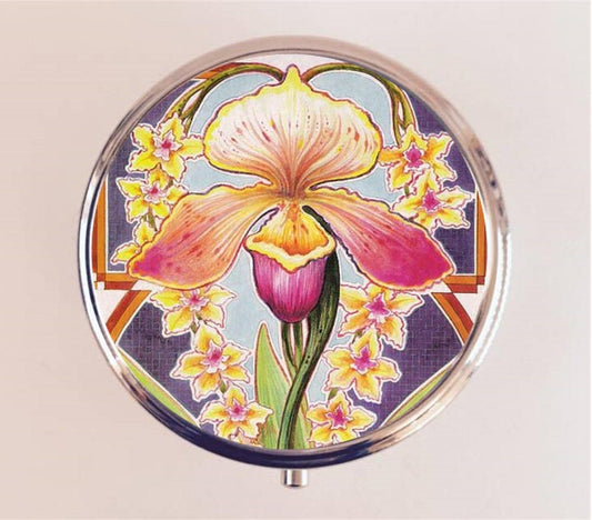 Art Nouveau Flower Pill Box Case Pillbox Holder Trinket Stash Box Floral Pink Flowers Deco