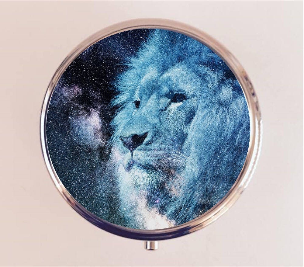 Blue Lion Pill Box Case Pillbox Holder Trinket Stash Box Spirit Animal Fantasy