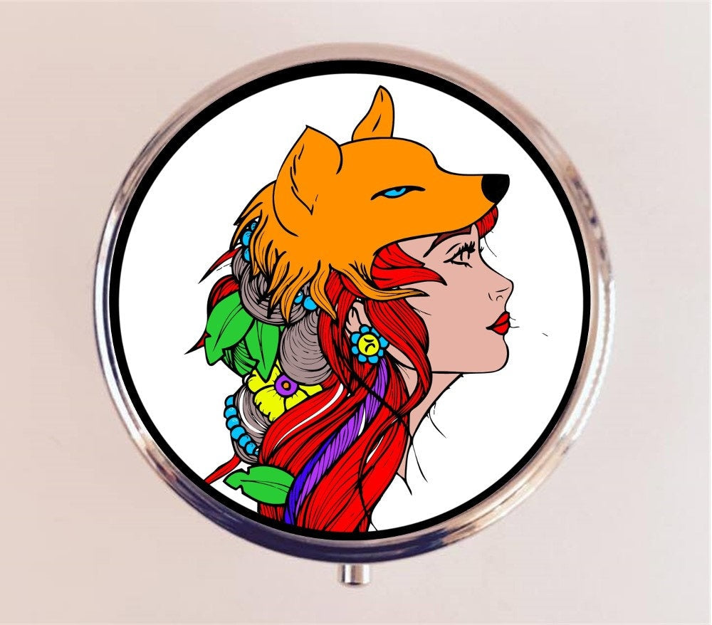 Goddess Warrior Tattoo Pill Box Case Pillbox Holder Trinket Stash Box Fox Woman