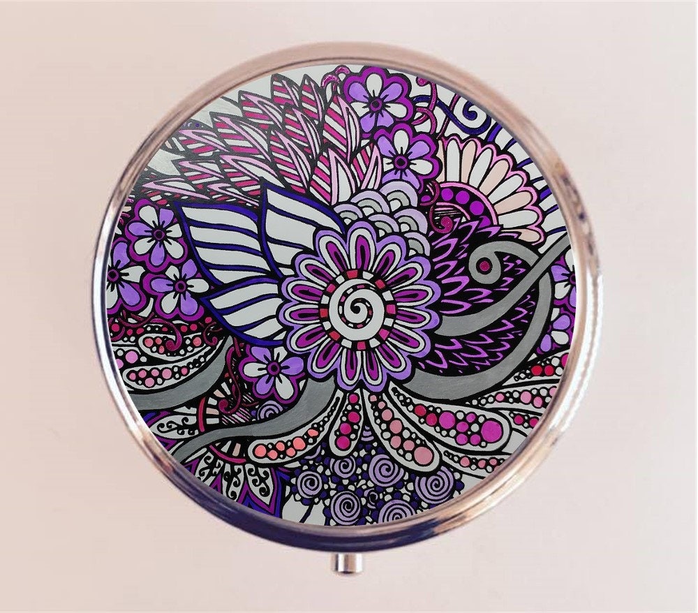 Purple Flower Pill Box Case Pillbox Holder Trinket Stash Box Psychedelic Trippy Floral Flowers Mod