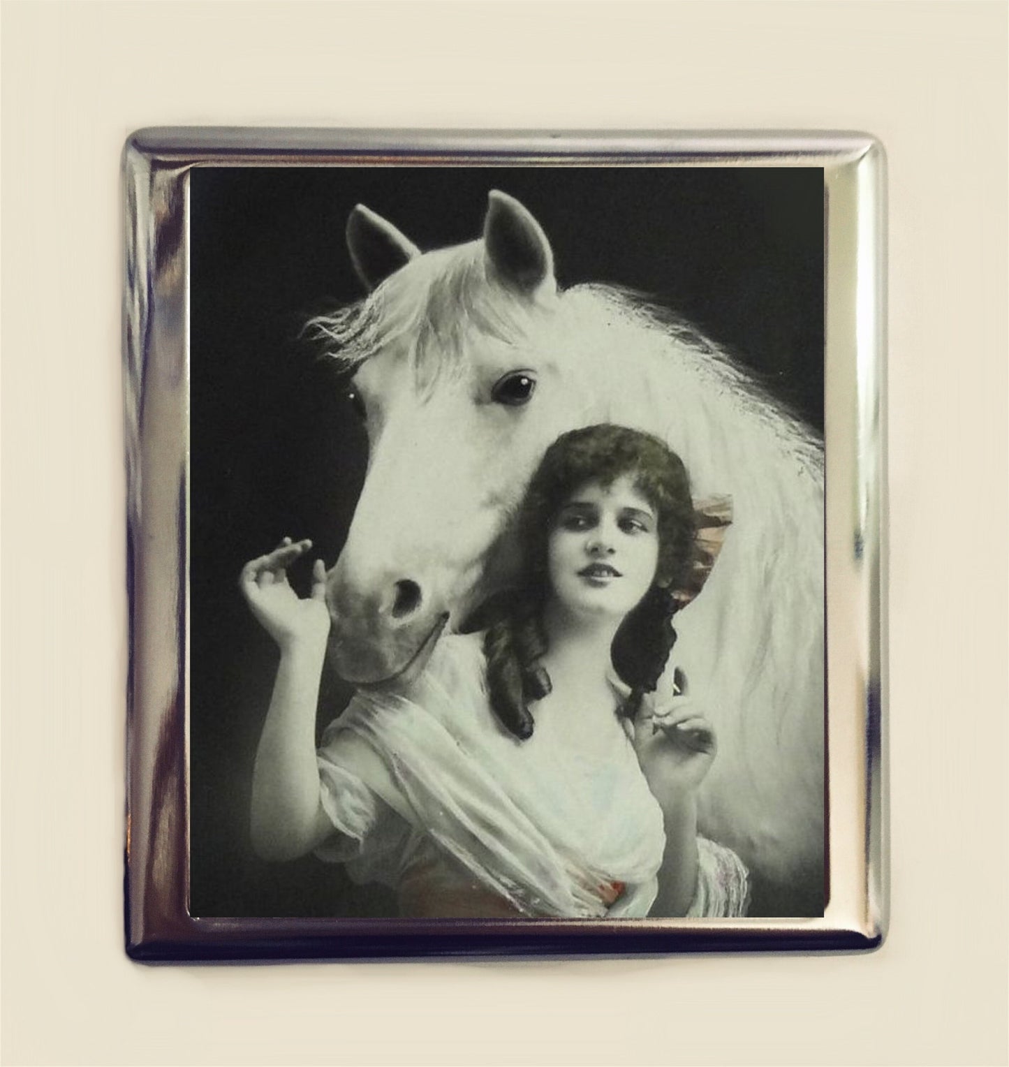 Art Nouveau Horse Woman Cigarette Case Business Card ID Holder Wallet Art Deco Equestrian White Horses