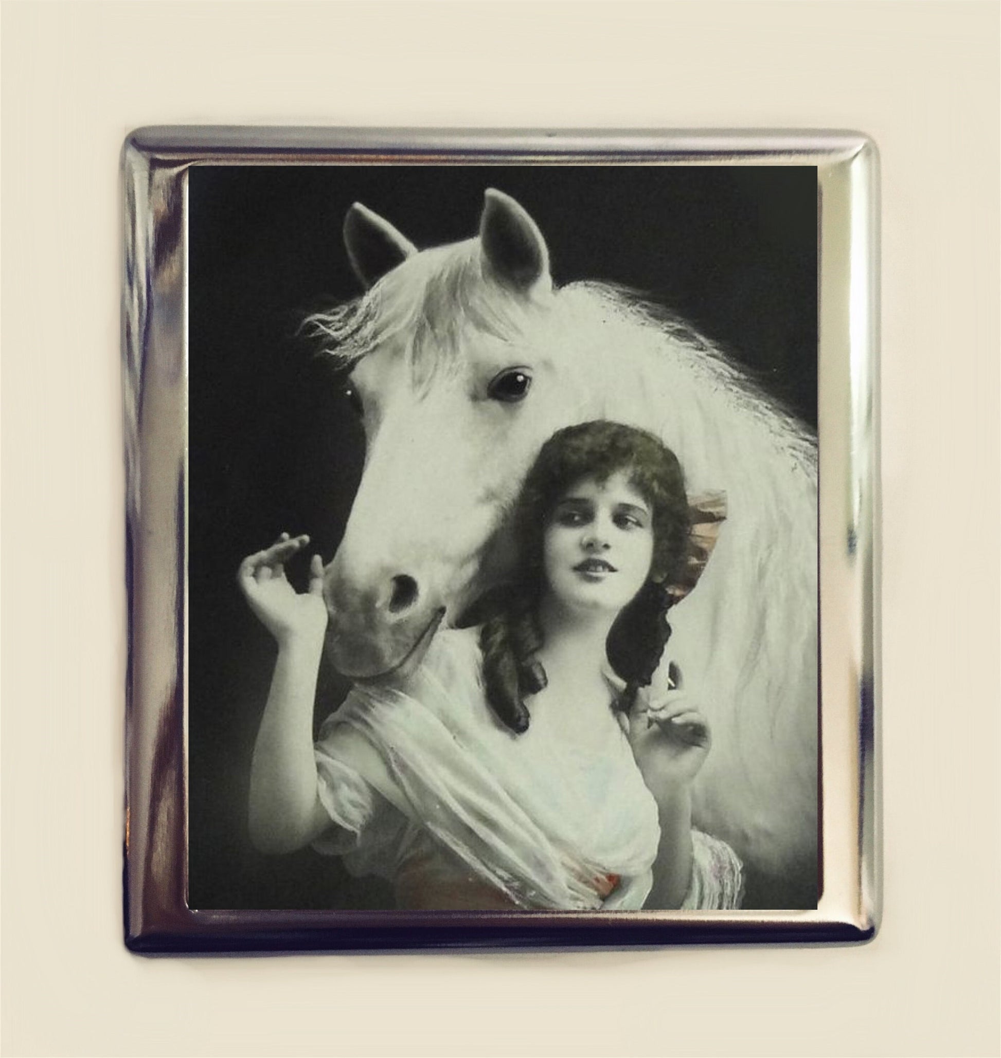 Art Nouveau Horse Woman Cigarette Case Business Card ID Holder Wallet Art Deco Equestrian White Horses