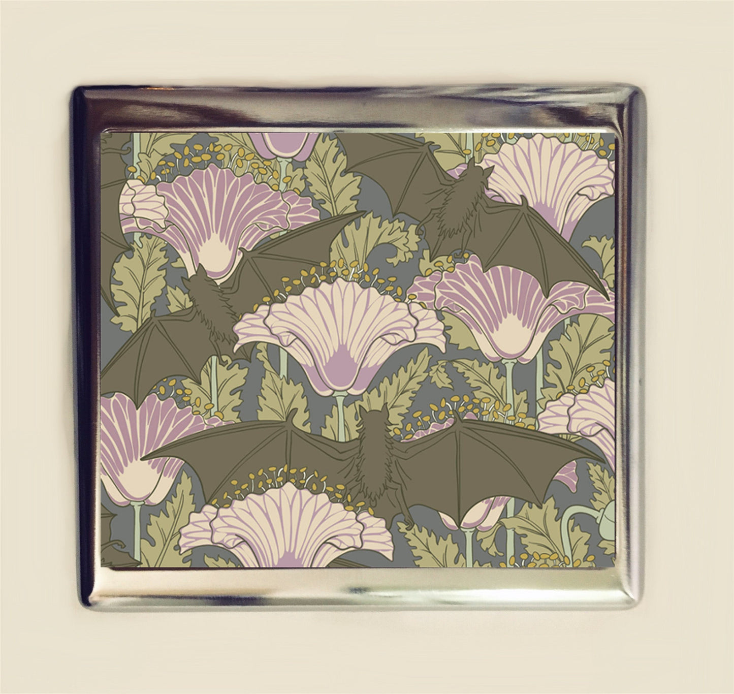 Art Nouveau Bat Poppies Cigarette Case Business Card ID Holder Wallet Floral Flowers Flower Bats Poppy