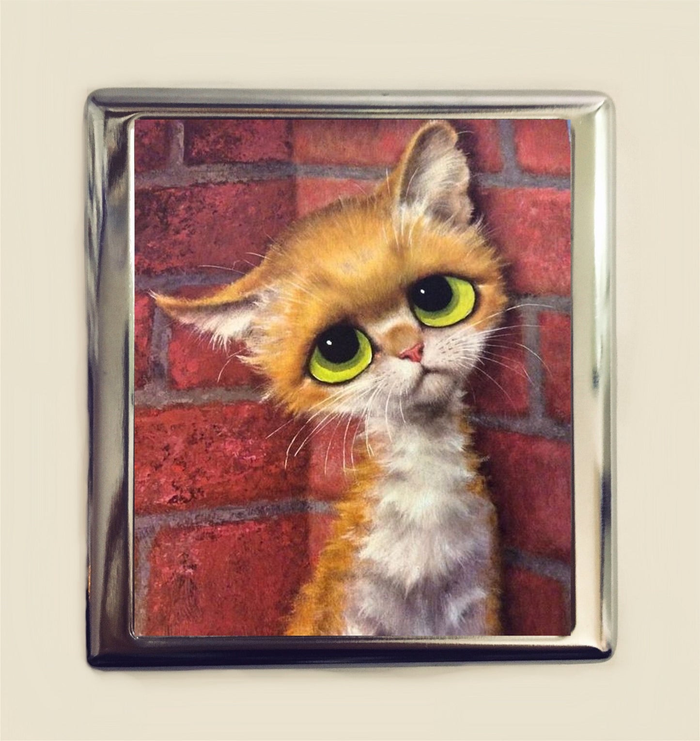 Big Eyed Cat Cigarette Case Business Card ID Holder Wallet Sad Eye Eyes Kitsch Retro Orange Kitty Kawaii