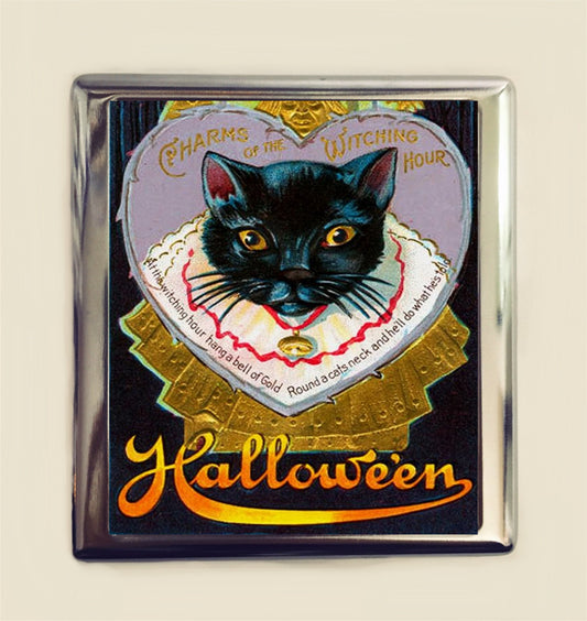 Black Cat Cigarette Case Business Card ID Holder Wallet Halloween Vintage Retro