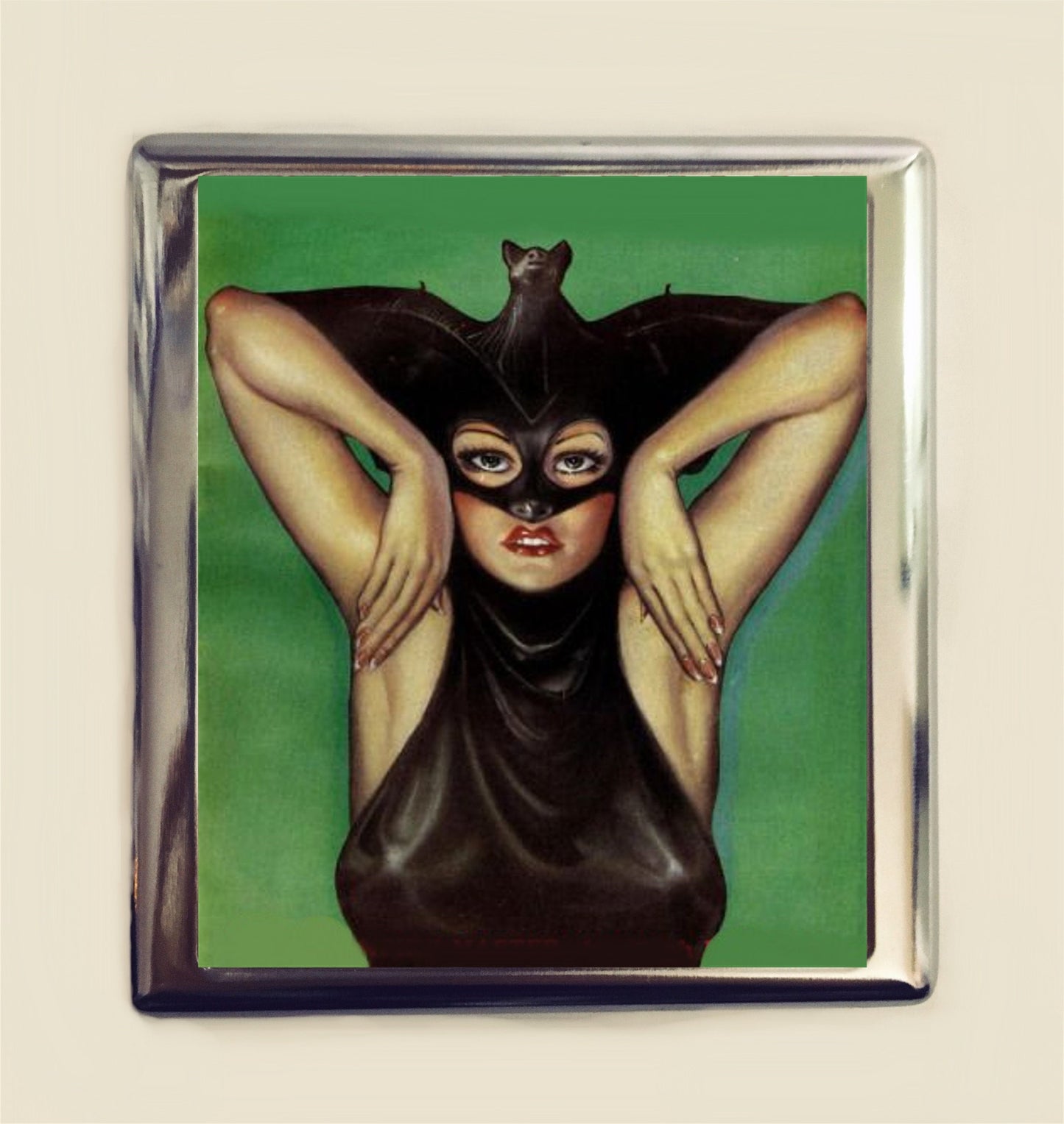 Bat Lady Cigarette Case Business Card ID Holder Wallet Retro Pulp Goth Macabre Dark Art Vamp