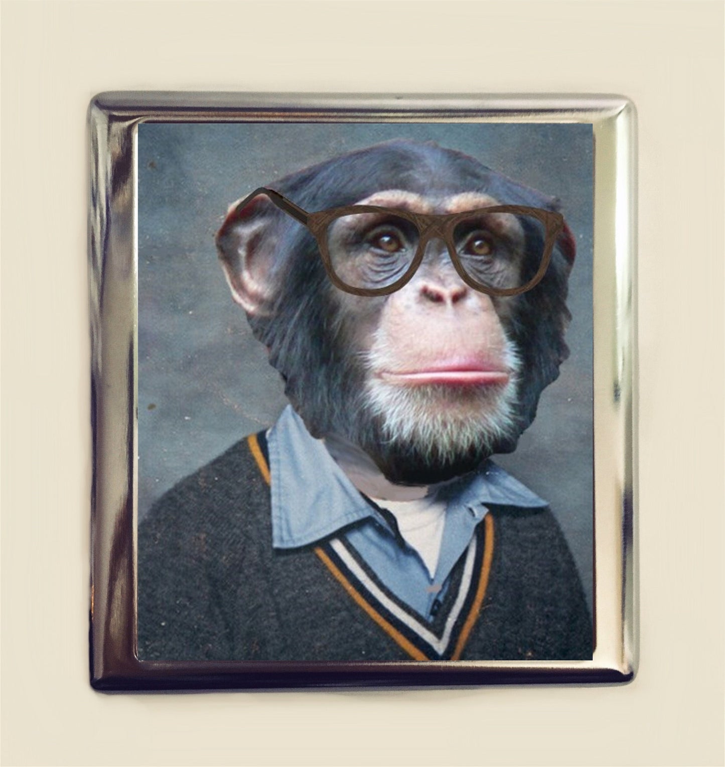 Chimp Nerd Cigarette Case Business Card ID Holder Wallet Pop Art Yearbook Photo Monkey Animal Art Nerdy Anthropomorphic