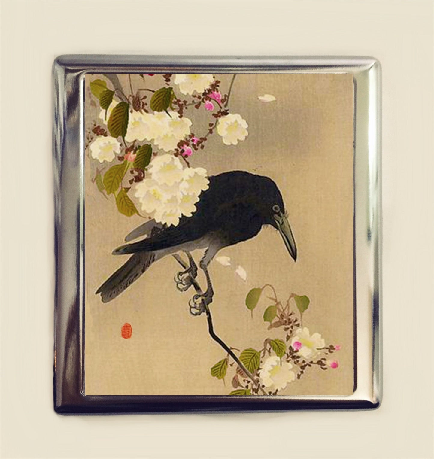 Crow Cherry Blossom Cigarette Case Business Card ID Holder Wallet Japanese Woodblock Sakura Japan Asian Art