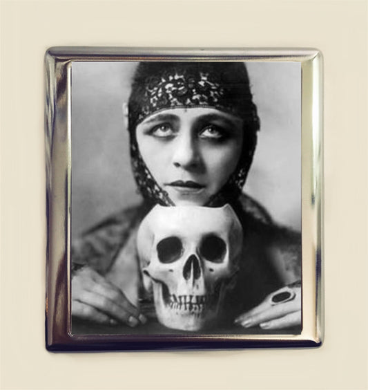 Art Deco Skull Woman Cigarette Case Business Card ID Holder Wallet 1920s Jazz Age Skeleton Macabre Dark Art Vamp Goth Flapper