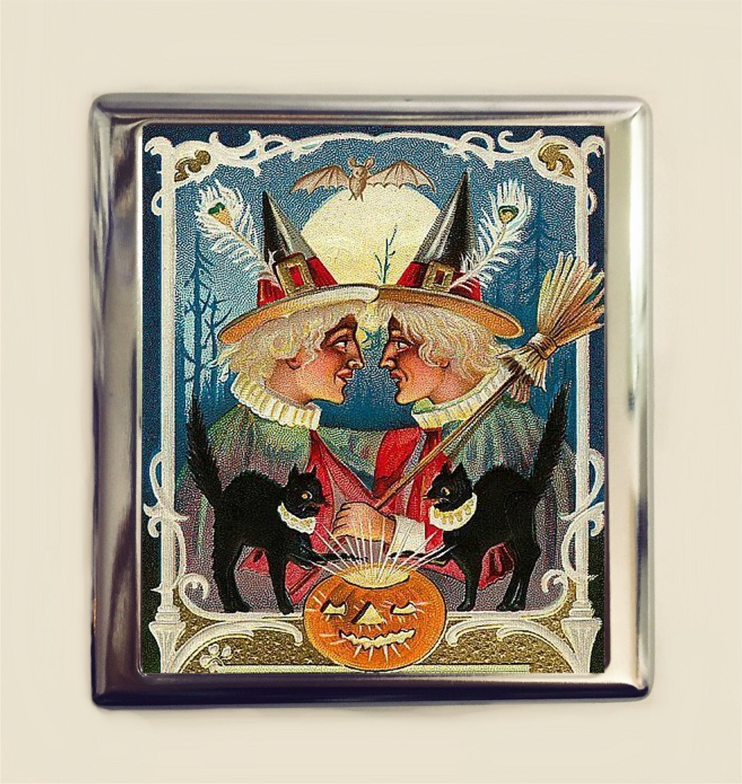 Halloween Witch Cigarette Case Business Card ID Holder Wallet Vintage Victorian Black Cat Pumpkin