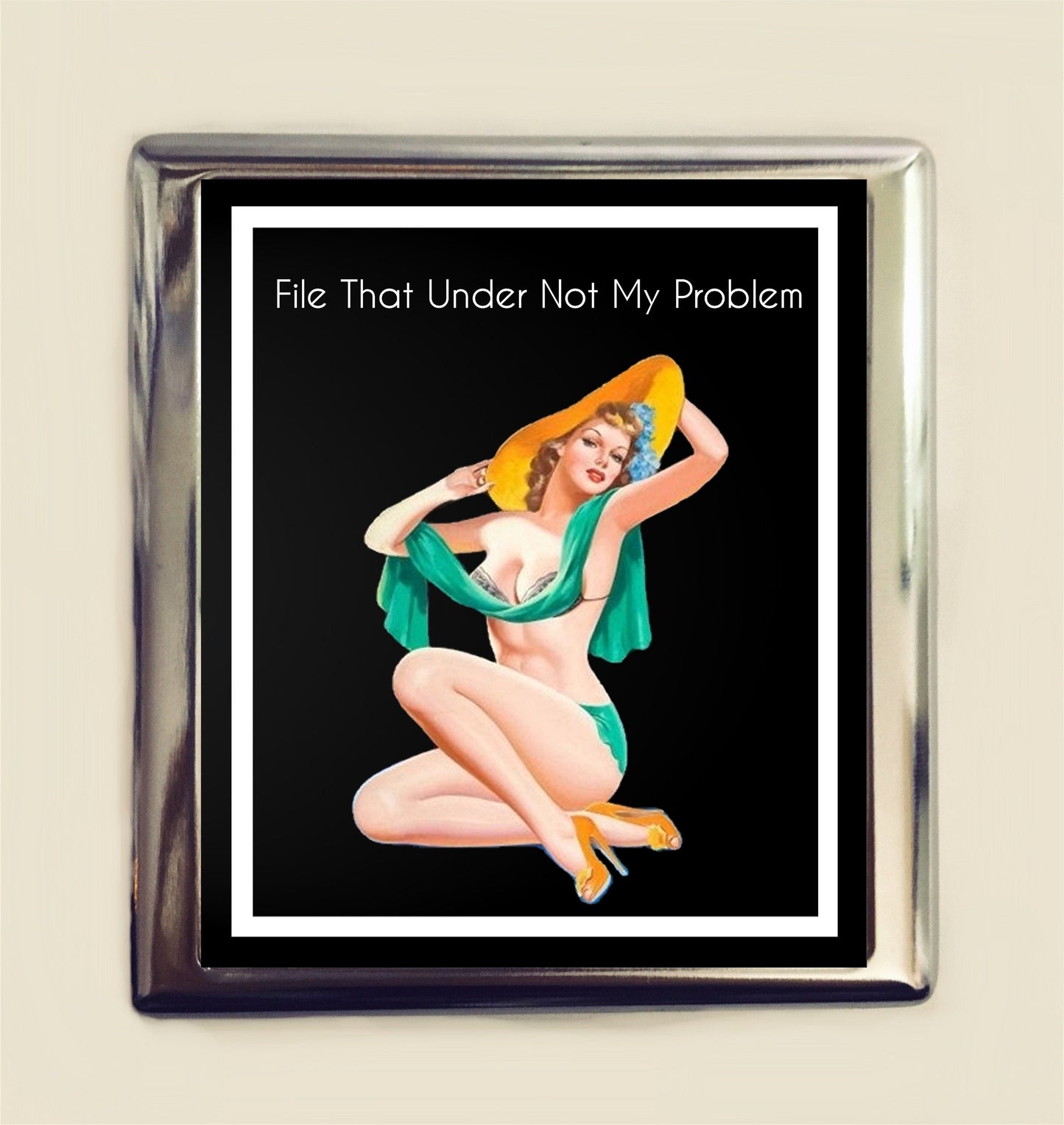 Retro Funny Pin Up Cigarette Case Business Card ID Holder Wallet File That Under Not My Problem Pinup Girl Humor