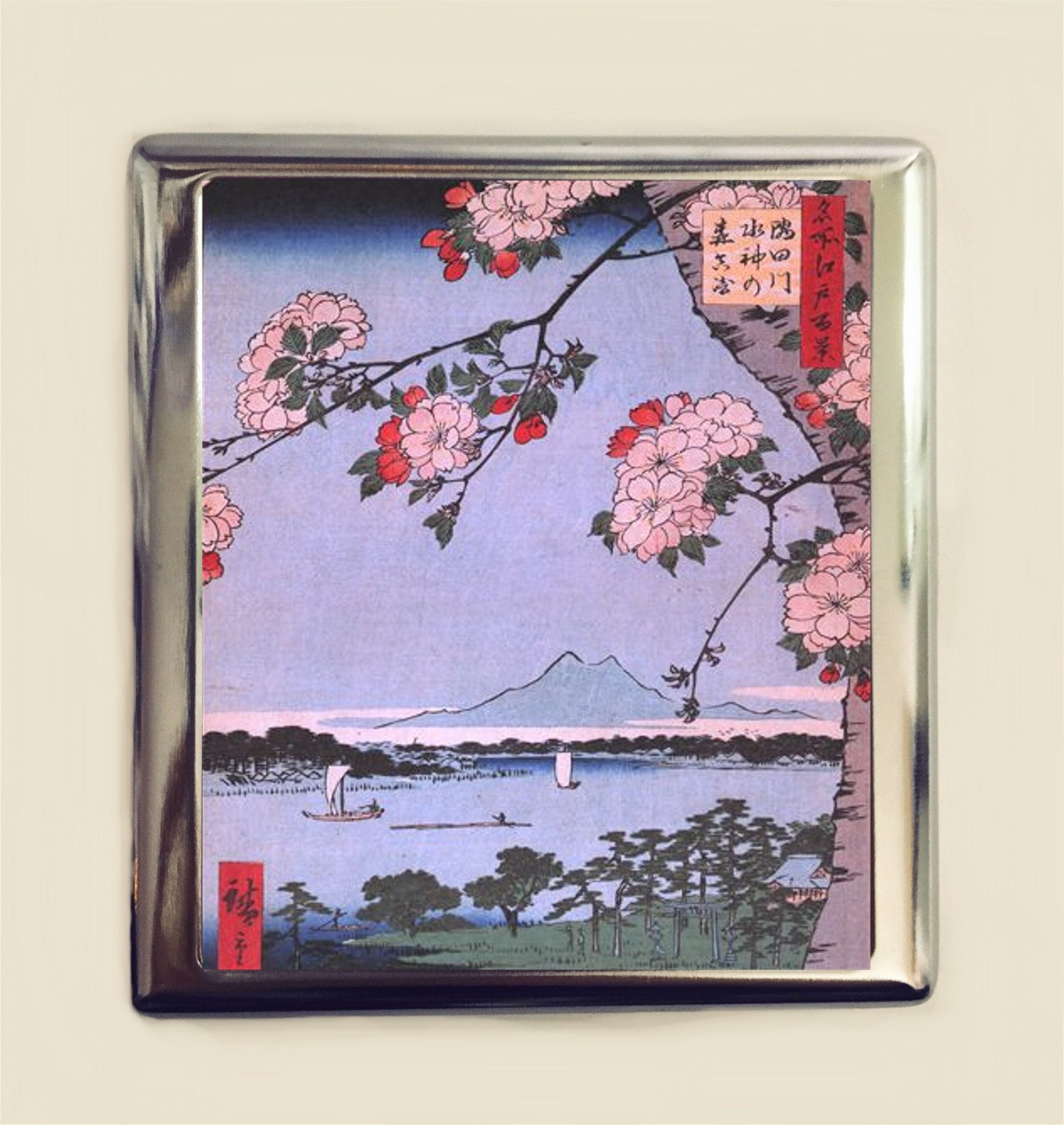 Japanese Cherry Blossoms Woodblock Cigarette Case Business Card ID Holder Wallet Japan Sakura Asian Art