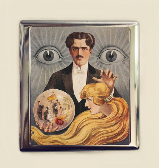 Vintage Magic Poster Cigarette Case Business Card ID Holder Wallet Magician Whimsical Ad