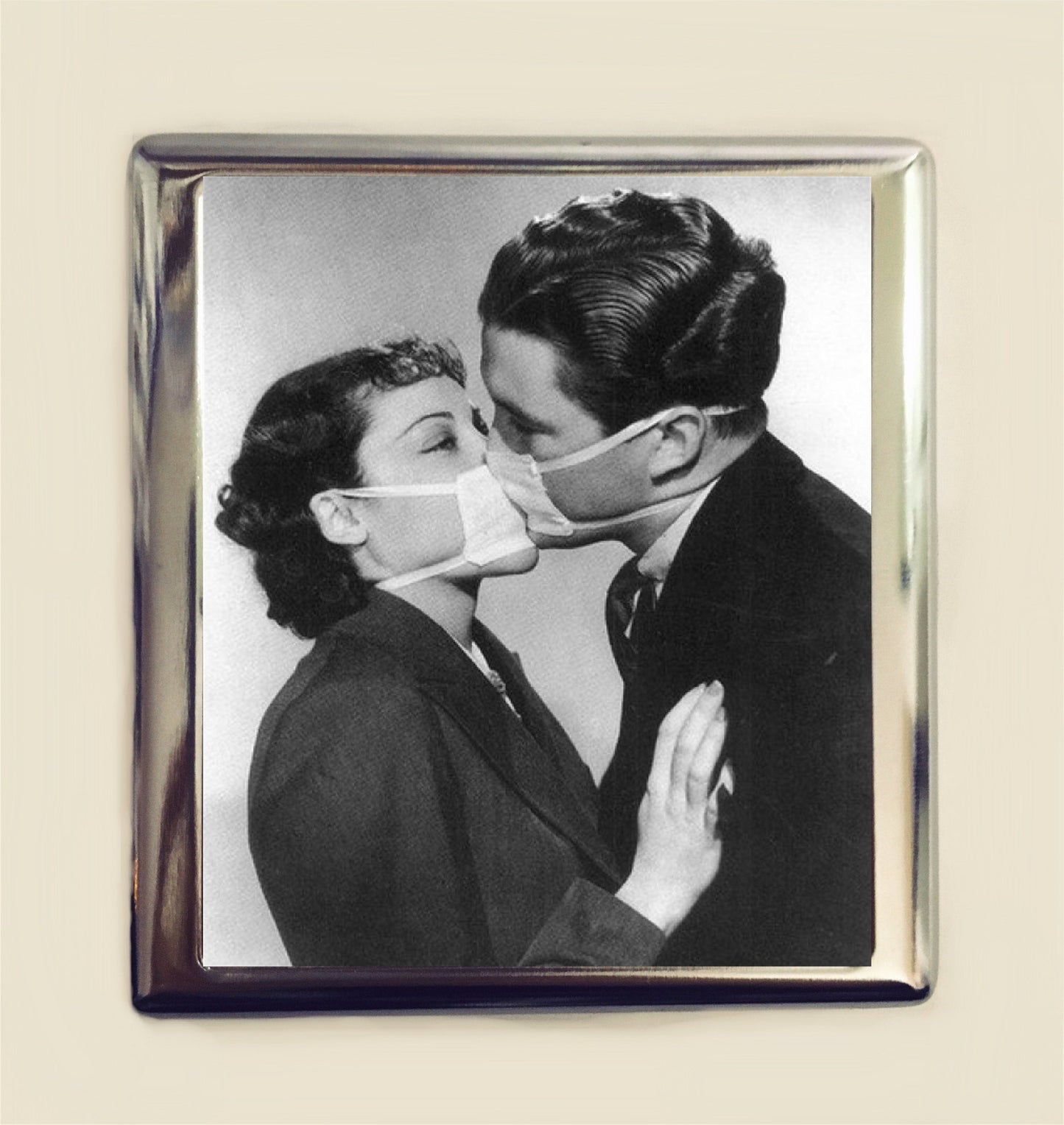 Retro Masked Kiss Cigarette Case Business Card ID Holder Wallet Oddity Romance Romantic Kissing