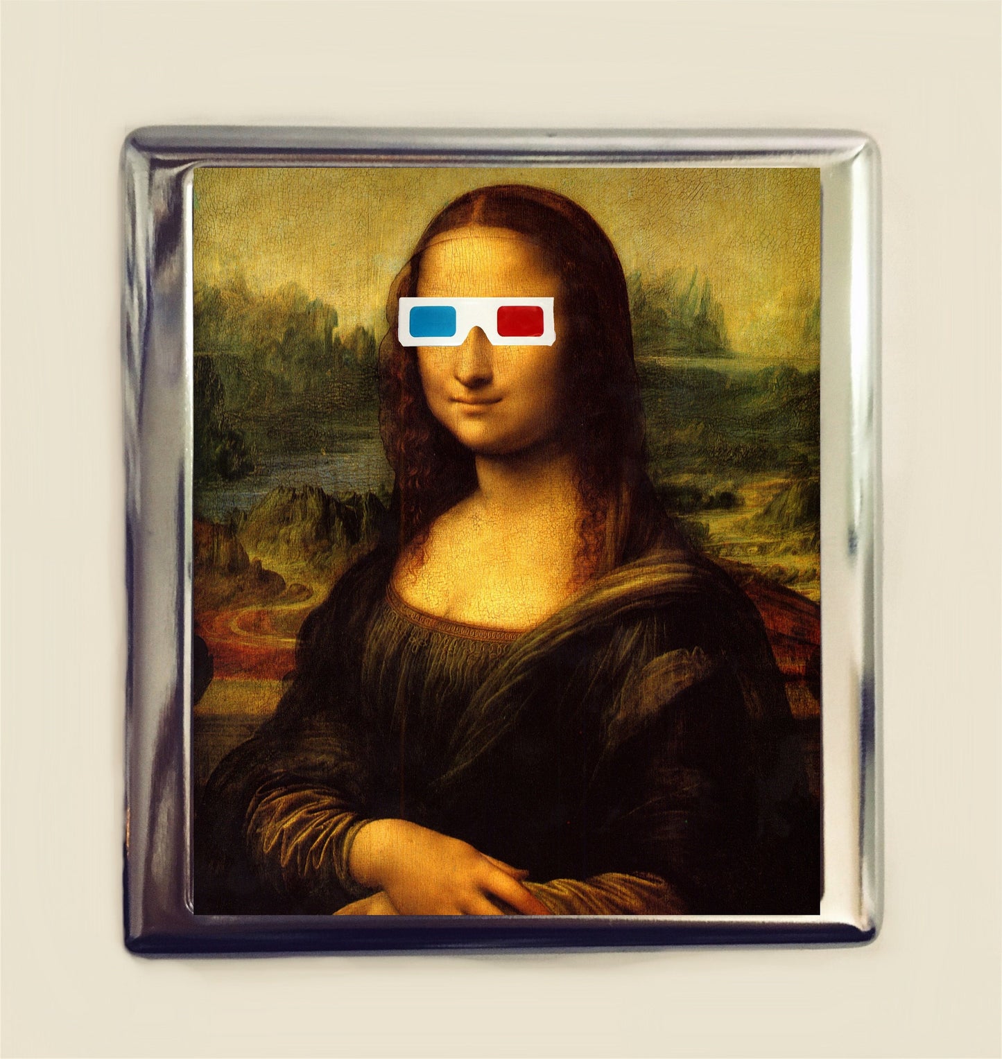 Mona Lisa 3D Glasses Cigarette Case Business Card ID Holder Wallet Pop Surrealism Fine Art Parody Funny Altered Art