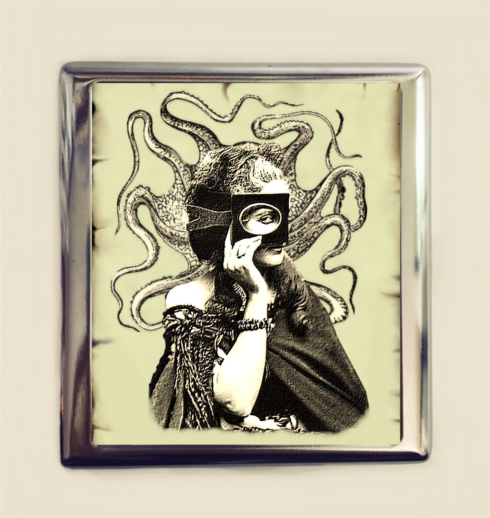 Octopus Woman Cigarette Case Business Card ID Holder Wallet Victorian Steampunk Altered Art Pop Surrealism