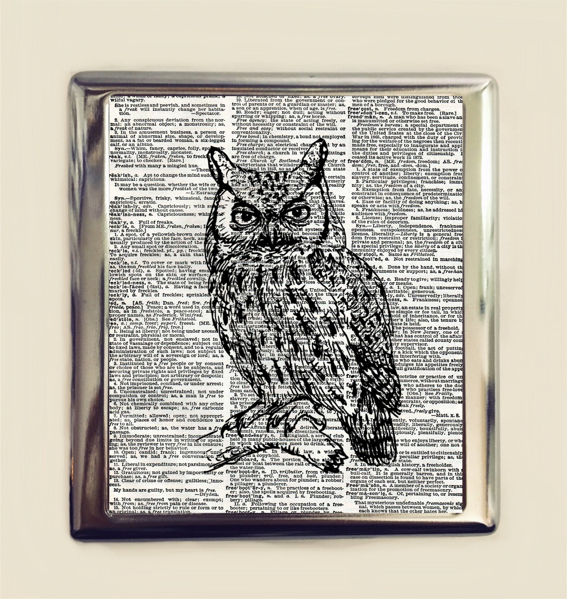 Owl Cigarette Case Business Card ID Holder Wallet Pop Art Dictionary Page Bird Whimsical